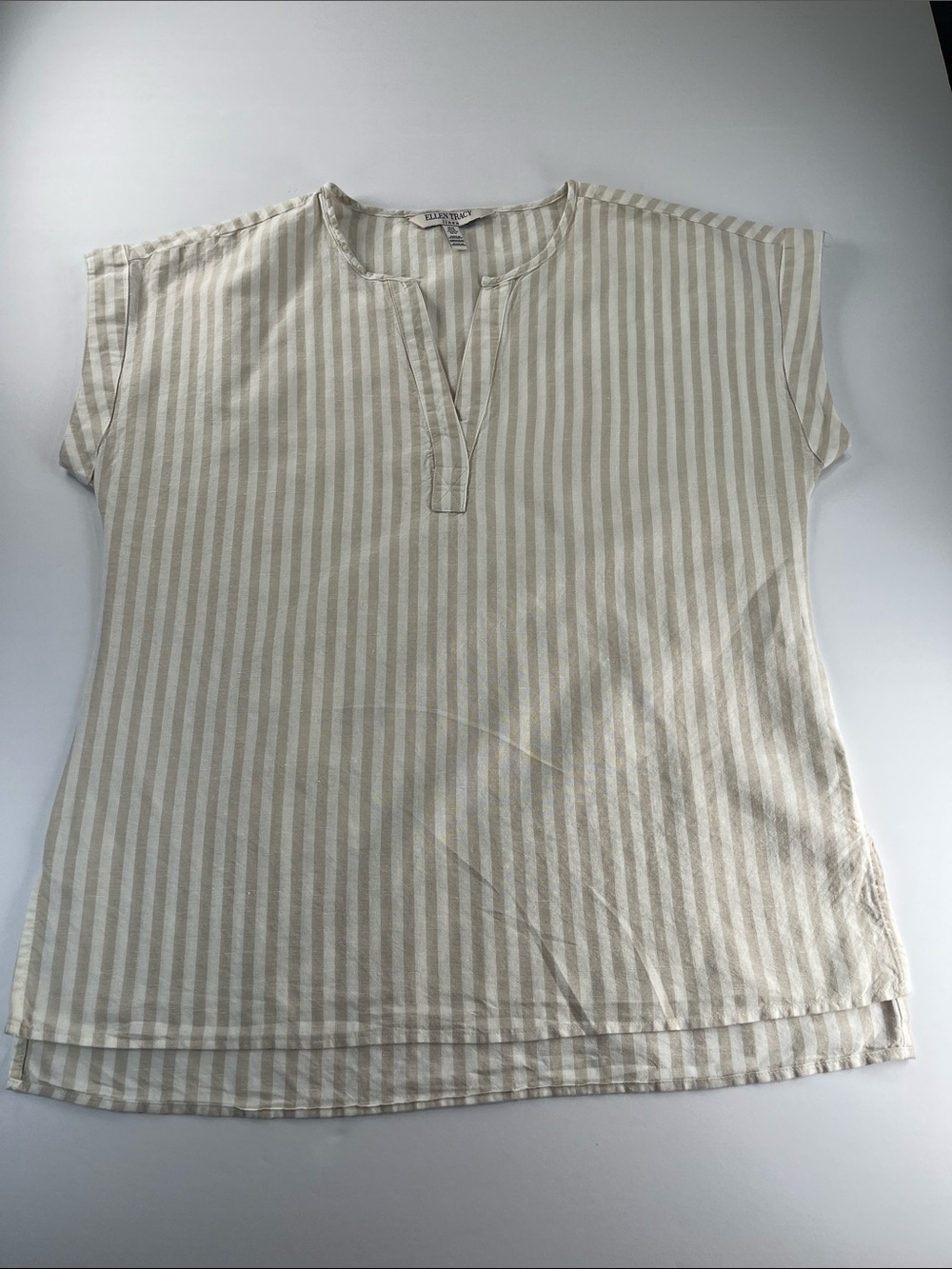 Ellen Tracy Linen Cotton Blend Tan and White Striped Cap-Sleeve Tunic Sz M